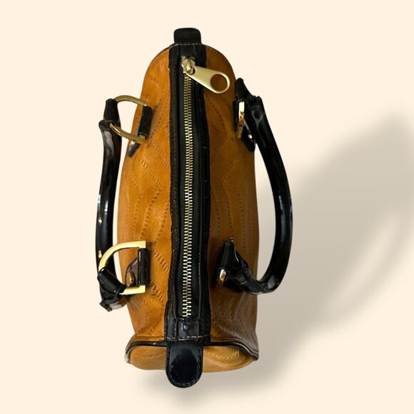 Ted Baker Tan Leather Satchel Bag/Purse Patent Handles All Over Logo - Picture 2 of 12